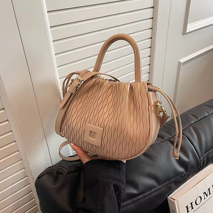 New Exquisite Crossbody Bag for Women Retro Pleated Ladies Shoulder Bag Female Tote Bag Casual PU Leather Drawstring  Bucket Bag