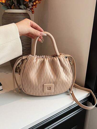 New Exquisite Crossbody Bag for Women Retro Pleated Ladies Shoulder Bag Female Tote Bag Casual PU Leather Drawstring  Bucket Bag