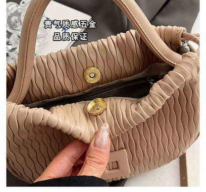 New Exquisite Crossbody Bag for Women Retro Pleated Ladies Shoulder Bag Female Tote Bag Casual PU Leather Drawstring  Bucket Bag